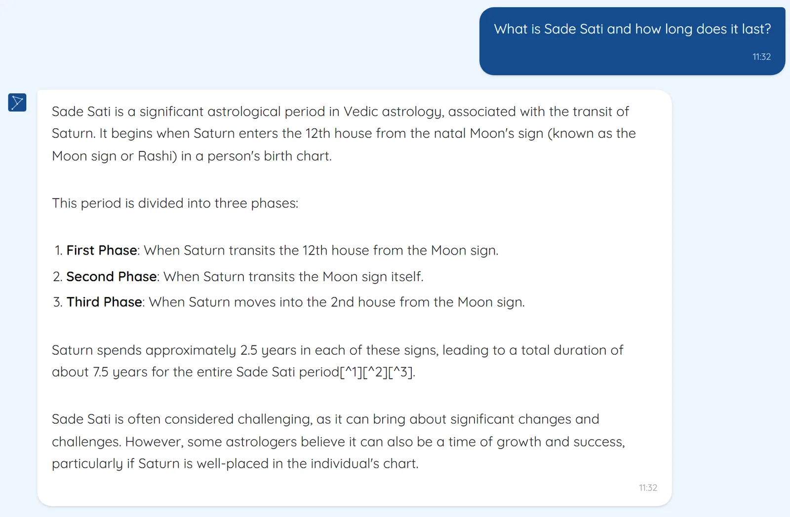 Jyotisha AI explaining what Sade Sati is, its three phases and how long it lasts