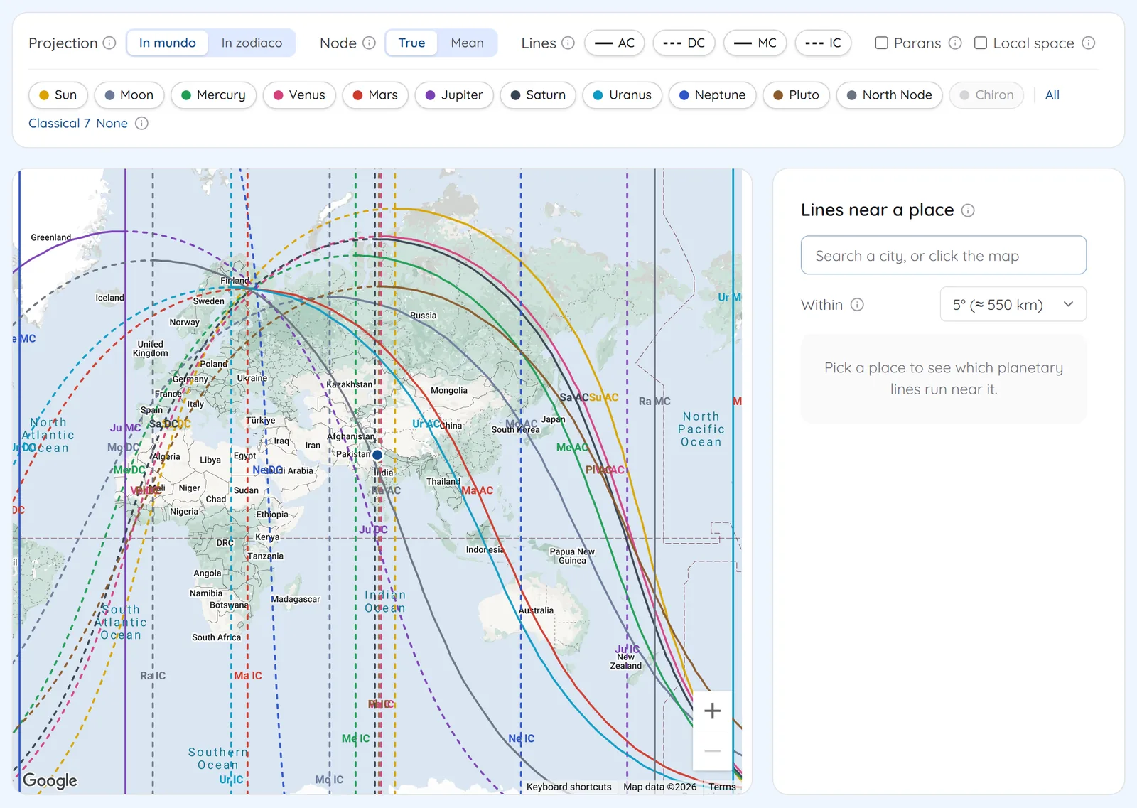 World map with coloured planetary lines, projection and node toggles and planet filters above it