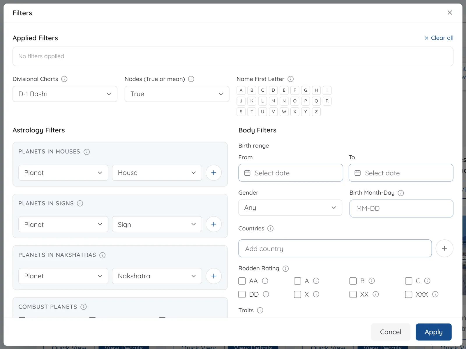 Astrodatabank filters dialog with planets in houses, signs and nakshatras, birth range, gender, countries and Rodden rating