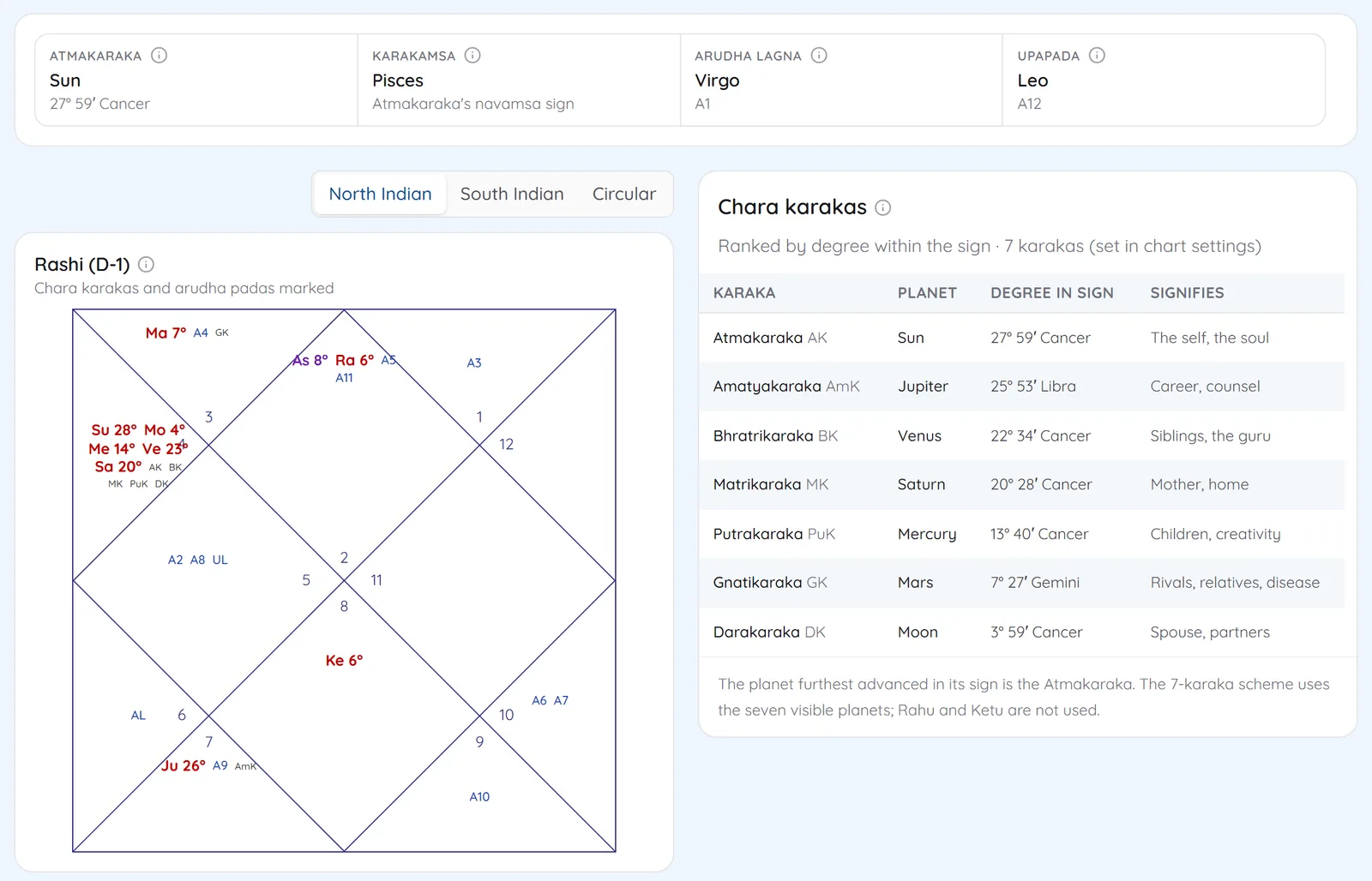 Jaimini chart with the chara karakas table listing Atmakaraka, Amatyakaraka and the rest, with what each signifies