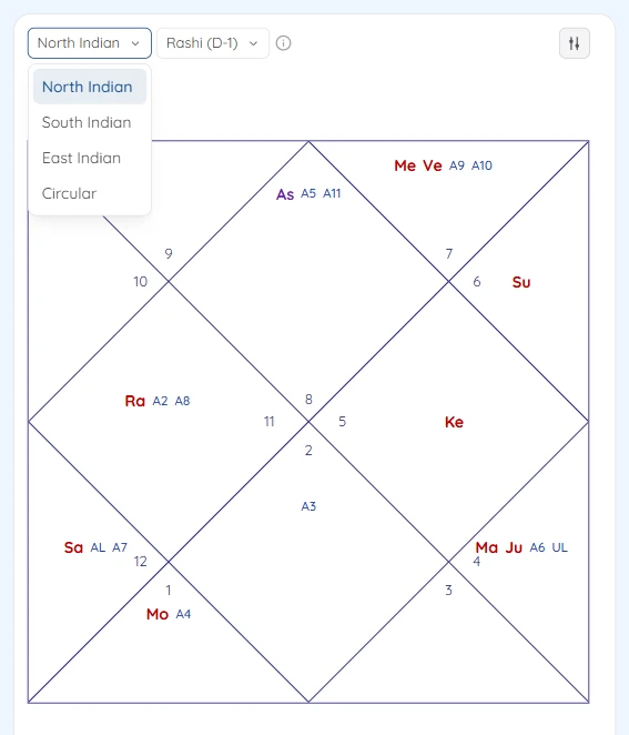 The chart style menu with North Indian, South Indian, East Indian and Circular