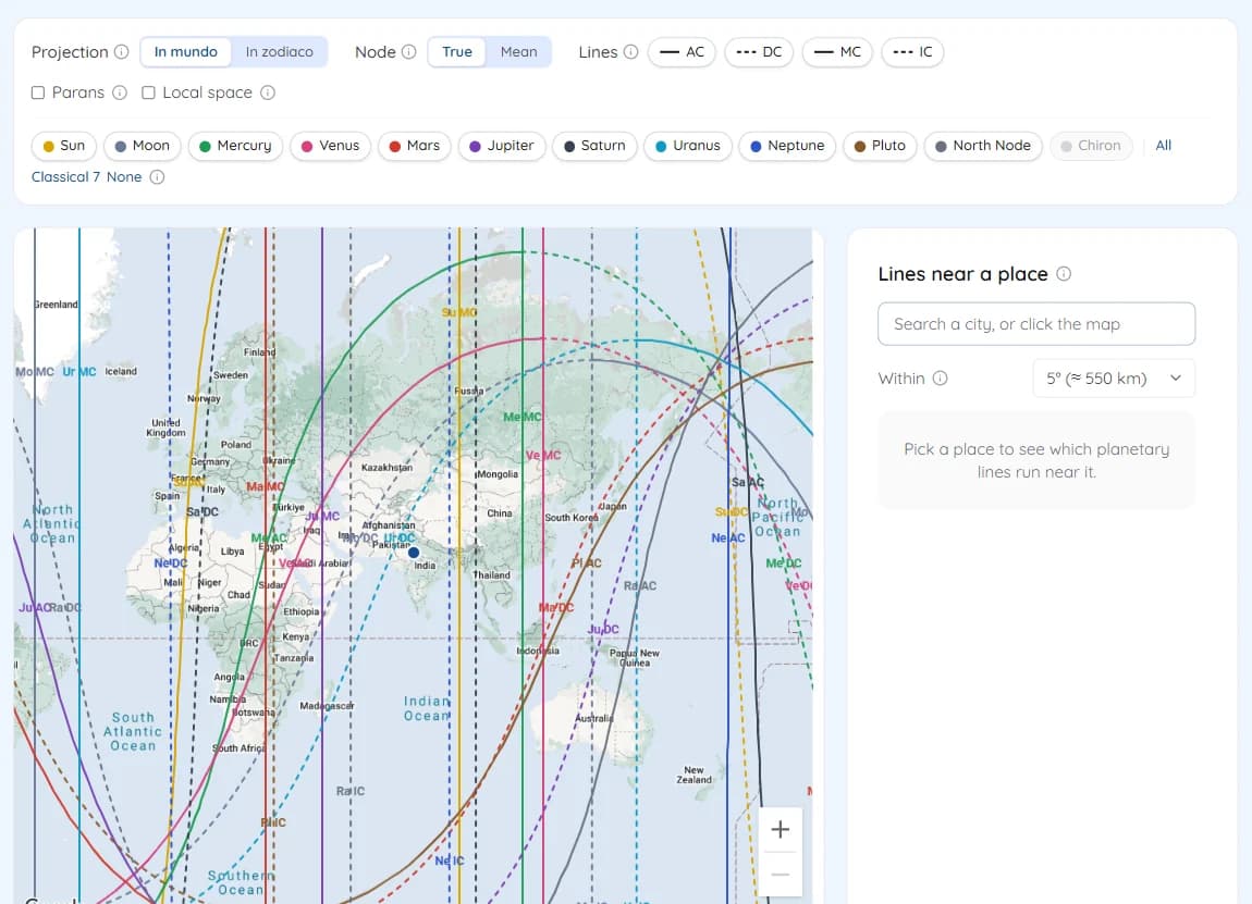 The world map with each planet's AC, DC, MC and IC lines