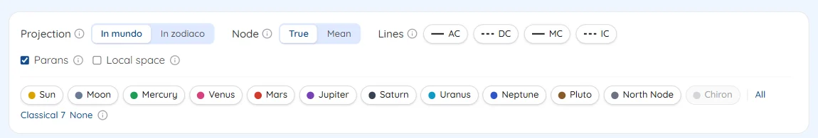Projection, node, line and planet controls above the map