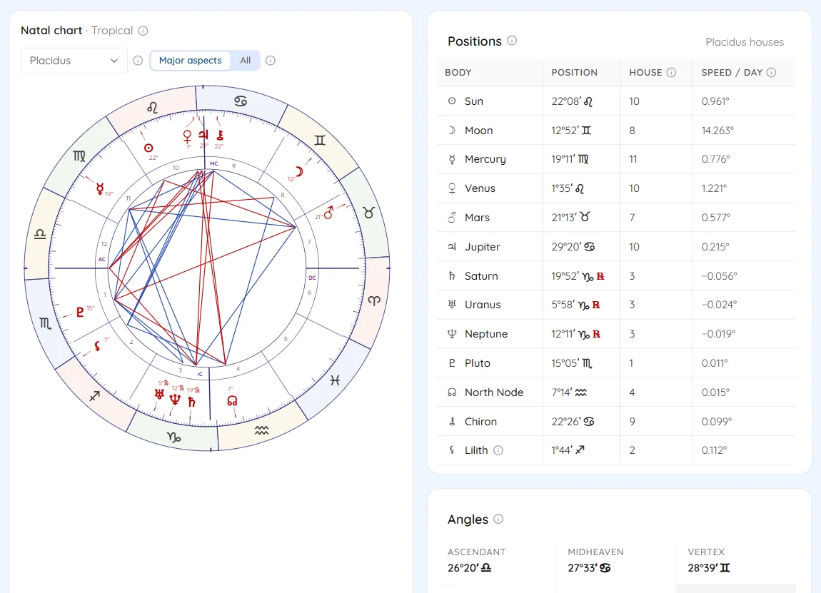 The natal wheel beside the Positions table