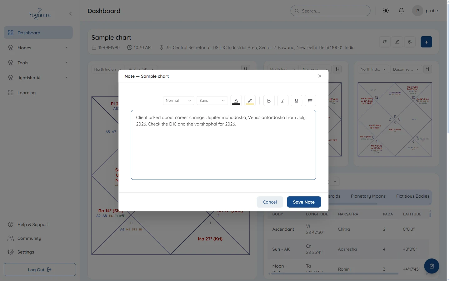 A consultation note on the sample chart