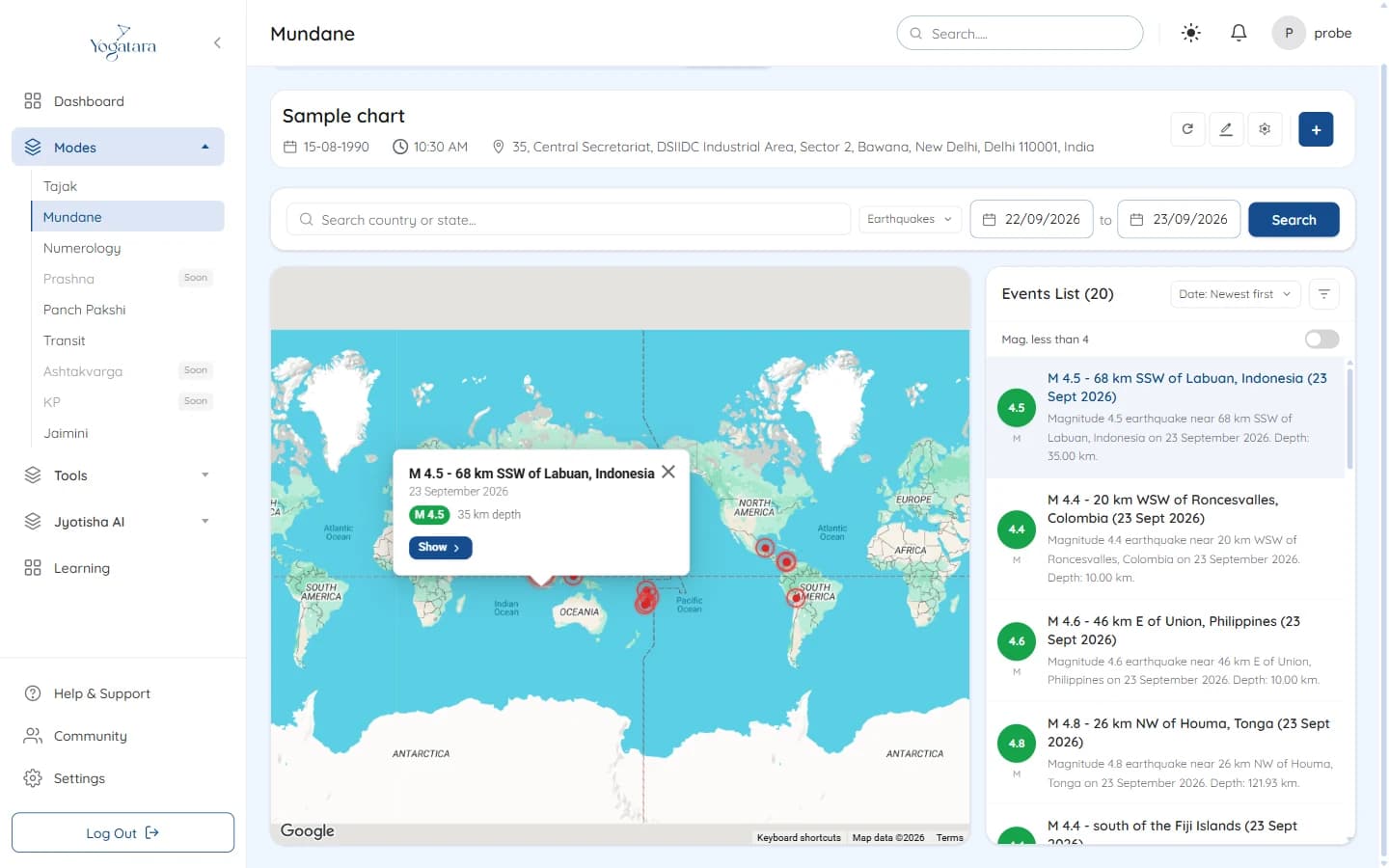 Earthquakes on the map with the events list
