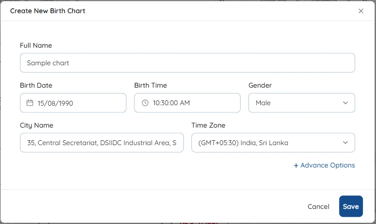 The Create New Birth Chart form filled in