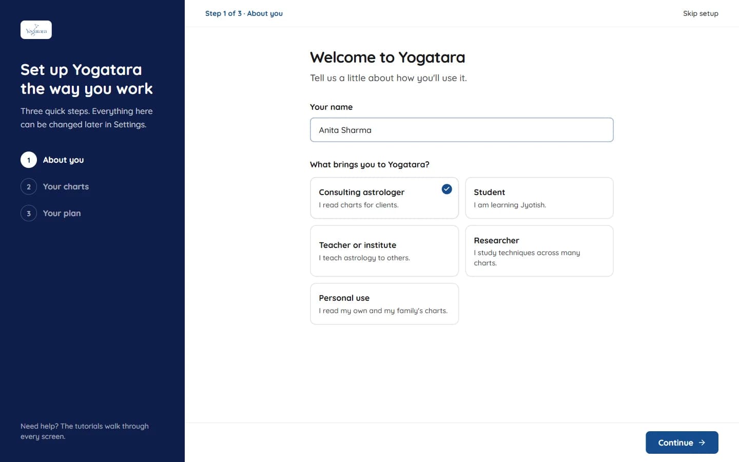 Setup step 1: your name and what brings you to Yogatara