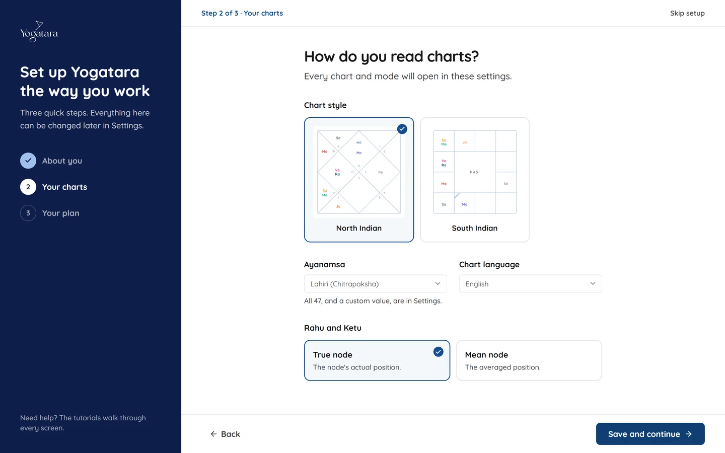 Setup step 2: chart style, ayanamsa, chart language and node