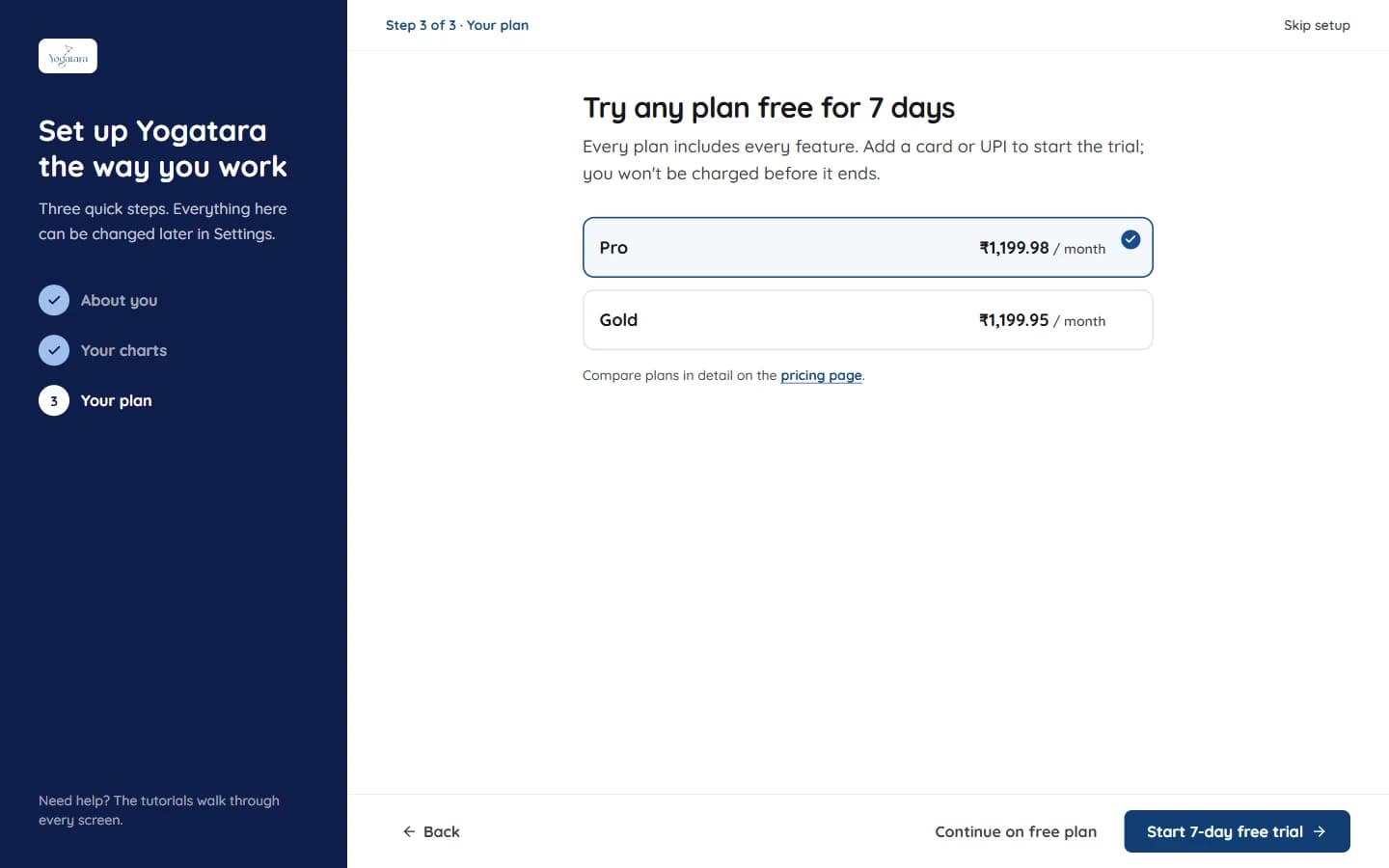Setup step 3: choose a plan for the 7-day free trial