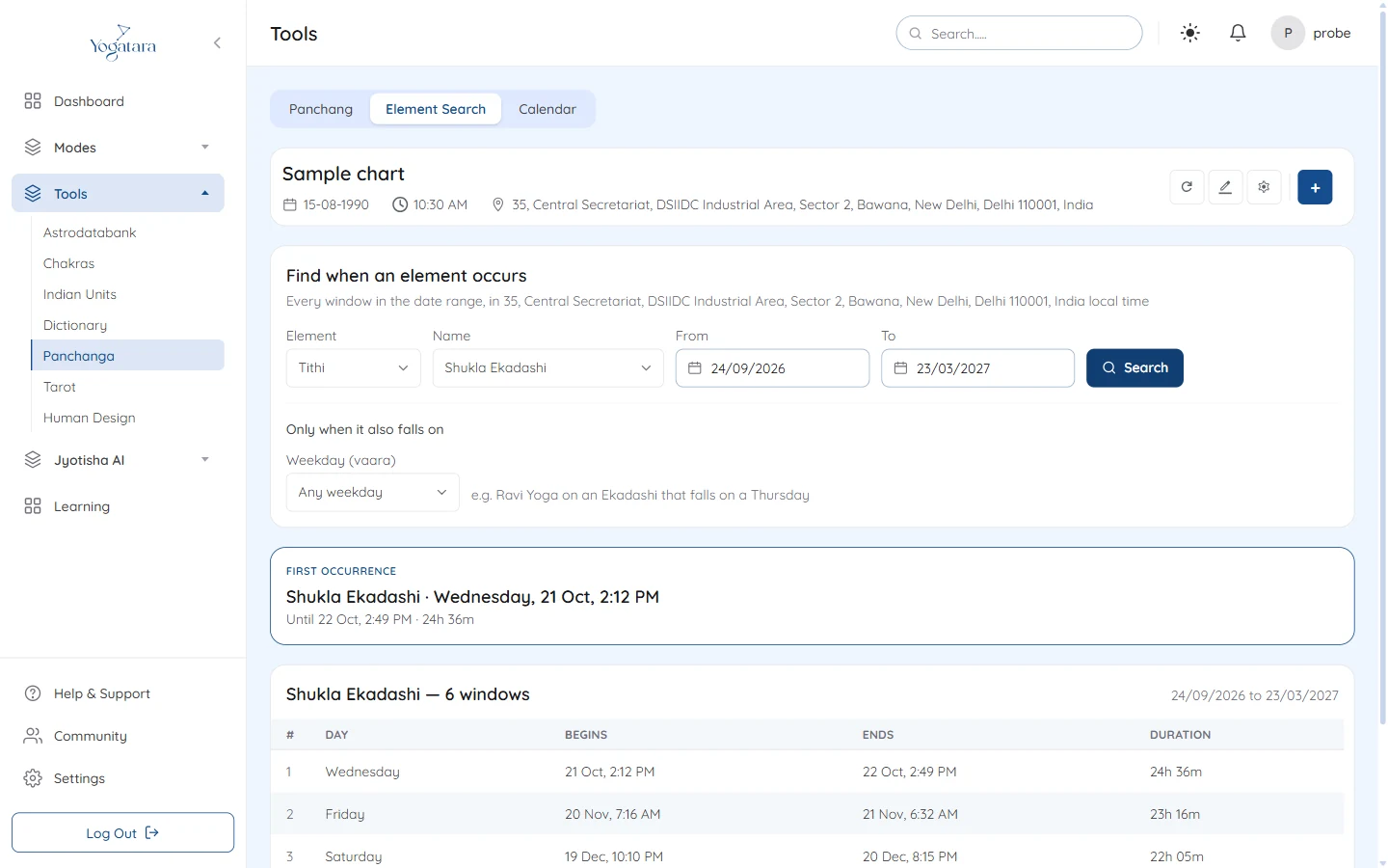 Element Search listing every Shukla Ekadashi window