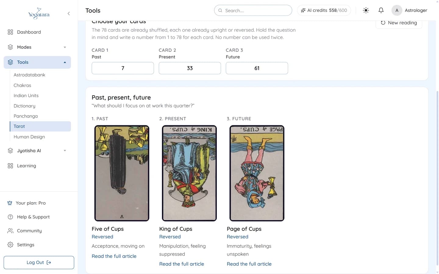 The past, present and future cards turned over with their meanings